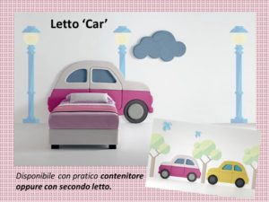 letto Car imbottito per bambina in tessuto o ecopelle.