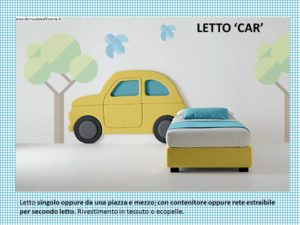 letto Car con testiera a forma di macchinina. contenitore oppure con secondo letto,. Rivestimento in tessuto o ecopelle.