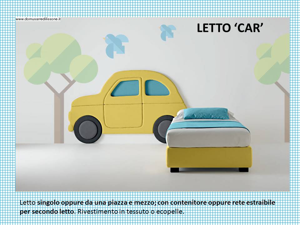 letto Car con testiera a forma di macchinina. contenitore oppure con secondo letto,. Rivestimento in tessuto o ecopelle.