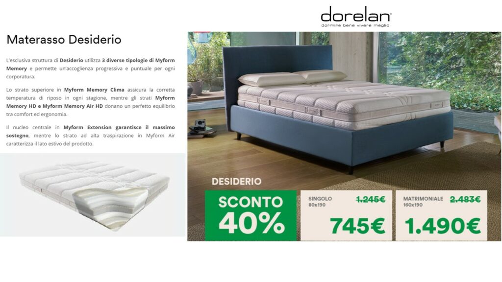 Sconto 40% MATERASSI DORELAN materasso desiderio dorelan in promozione Sconto 40% MATERASSI DORELAN