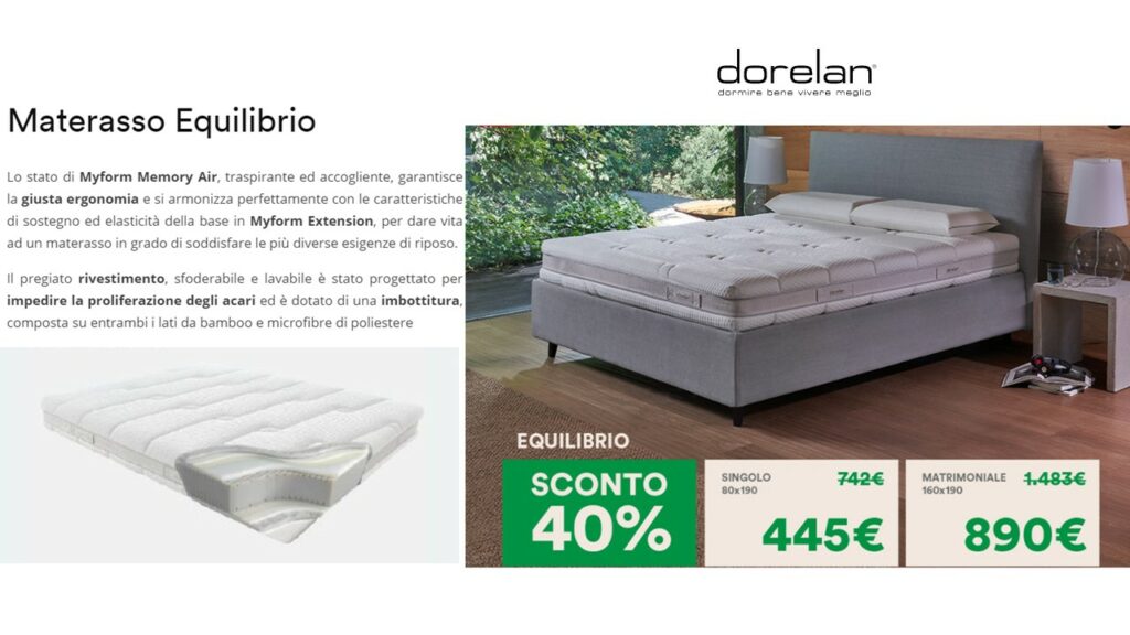 Sconto 40% MATERASSI DORELAN materasso equilibrio dorelan in promozione Sconto 40% MATERASSI DORELAN